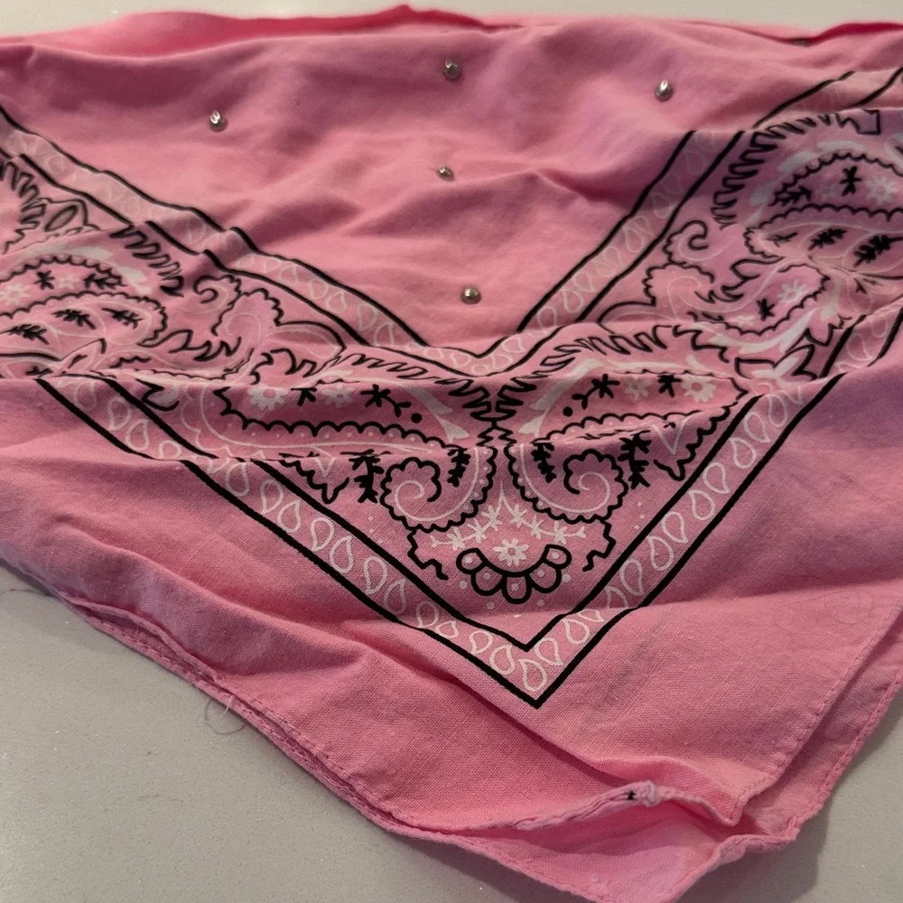 Pink Bandana Scarf with Black Paisley Print and metal studs